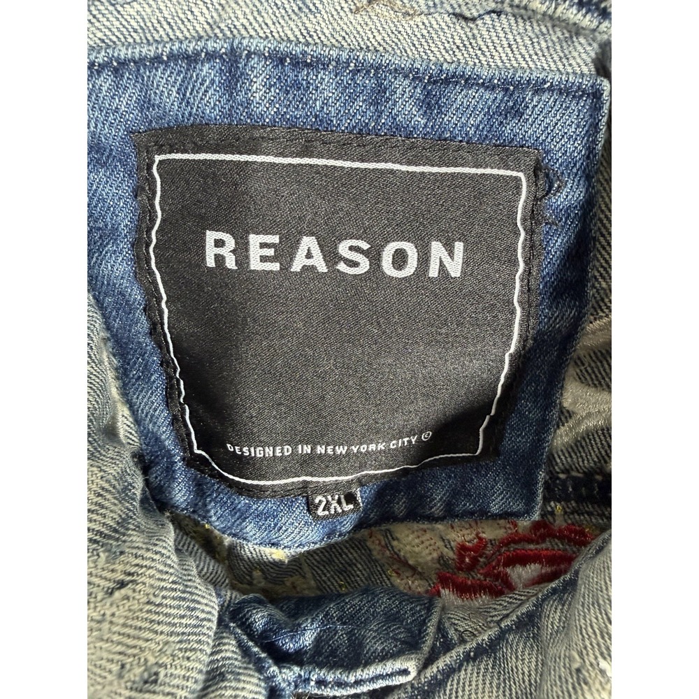 Reason Mulberry Moto Mens Acid Wash Graphic Denim Jacket 2XL Faux Fur Blue - Picture 4 of 8